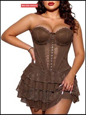 Plus Size Lace Corset Mini Dress with Built-in Shorts Removable Straps